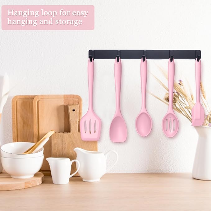 E-far Pink Silicone Cooking Utensils Set, 10-Piece Kitchen Utensil Set for Nonstick Cookware, Silicone Kitchen Tools with Spatula Turner Spoon Tongs Whisk, Heat Resistant & Non-Toxic, Dishwasher Safe - Image 6