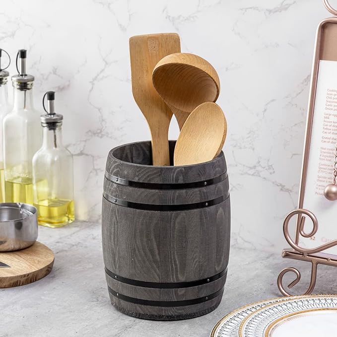 MyGift Wine Barrel Design Kitchen Utensil Crock, Vintage Gray Solid Wood Cooking Tool Holder - Image 3