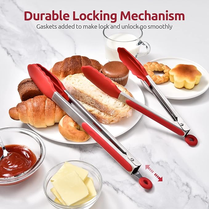600ºF Heat Resistant Kitchen Tongs: U-Taste 9+12 inch Silicone Cooking Tong Set with Firm Sealed Non Stick Rubber Tips and Silicon Coated 18/8 Stainless Steel Handle for Serving Grilling Salad(Red) - Image 7