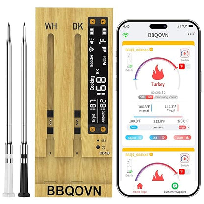 BBQOVN WiFi Sub-1G Wireless Meat Thermometer Unlimited Range 7 NIST Certified Sensors with Ambient Temp 2 Temp Monitoring Ways Digital Smart Base and App for BBQ, Smoker, Grill, Oven (Dual Probes)