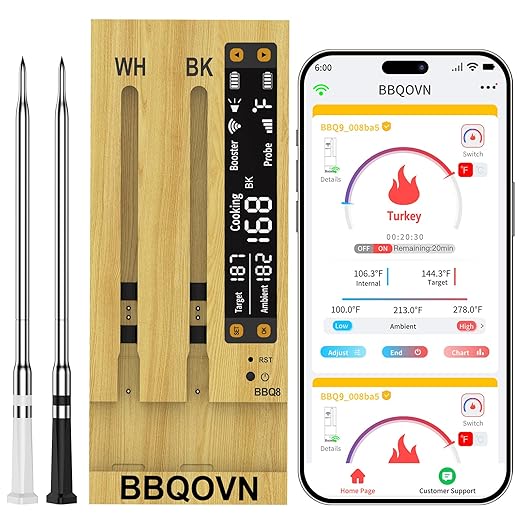 BBQOVN WiFi Sub-1G Wireless Meat Thermometer Unlimited Range 7 NIST Certified Sensors with Ambient Temp 2 Temp Monitoring Ways Digital Smart Base and App for BBQ, Smoker, Grill, Oven (Dual Probes)