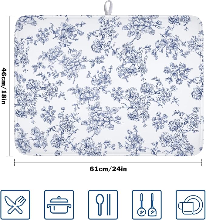 Blue Floral Dish Drying Mat for Kitchen Counter Chinoiserie Flower Microfiber Dish Drainer Mat Vintage Rustic Elegant Absorbent Washable Drying Pad Extra Large 18"x24"