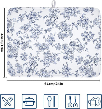Blue Floral Dish Drying Mat for Kitchen Counter Chinoiserie Flower Microfiber Dish Drainer Mat Vintage Rustic Elegant Absorbent Washable Drying Pad Extra Large 18"x24"