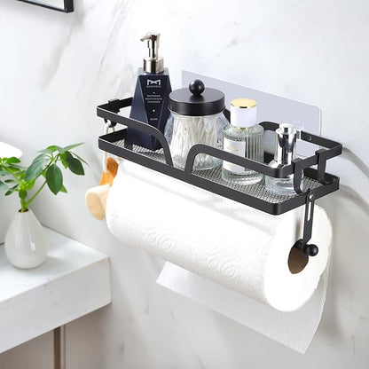 Taozun Paper Towel Holder with Shelf, Kitchen Paper Holder Spice Rack Black Paper Towel Roll Holder RV Paper Towel Rack with 4 Hooks(2 Installation Methods - Self-Adhesive and Drilling)