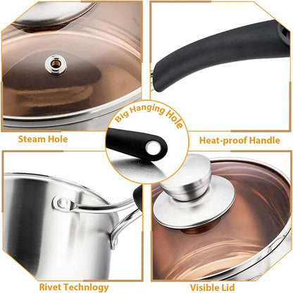P&P CHEF 1 & 2 Quart Saucepan Small Pot, Stainless Steel Saucepan with Lid, Small Sauce Pan for Home Kitchen Restaurant Cooking, Visible Glass lid & Bakelite Heat-Proof Handles,Dishwasher Safe, 2 Pcs - Image 3