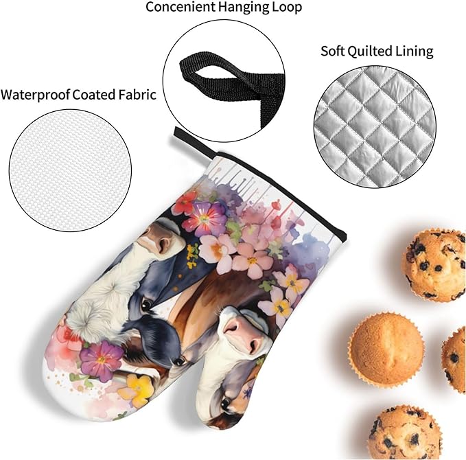 Watercolor Cows Oven Mitts and Pot Holders Sets Daisy Flower Kitchen Oven Gloves Heat Resistant 500 Degrees Oven Mitt and Hot Pad for Cooking BBQ Baking Grilling - Image 4