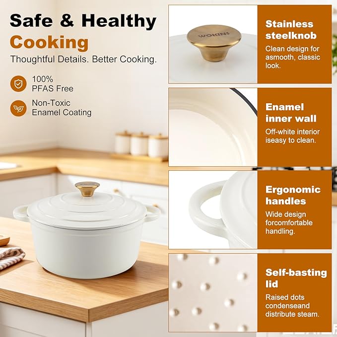 Enameled Cast Iron Dutch Oven - 7QT Pot with Lid,Oven Safe to 500°F,Heavy-Duty Cookware for Sourdough Bread Baking,Braising,Stews,Roasting Cream - Image 6