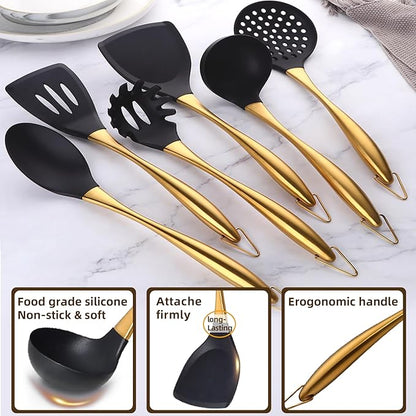 Kitchen Utensils Set, Large Non-stick Silicone Cooking Utensils Set 6 Pcs,Made of 446°F Heat Resistant Food Grade Silicone and Stainless Steel Handles,Easy to Clean Kitchen Gadgets Set (Gold)