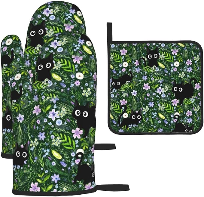 Spring Funny Black Cat Hot Pads and Oven Mitts Heat Resistant,Green Oven Gloves Pot Holders Set for Cooking Baking Grilling BBQ,Cute Cat Lover & Baking Gifts for Women
