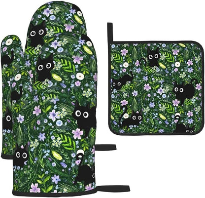 Spring Funny Black Cat Hot Pads and Oven Mitts Heat Resistant,Green Oven Gloves Pot Holders Set for Cooking Baking Grilling BBQ,Cute Cat Lover & Baking Gifts for Women