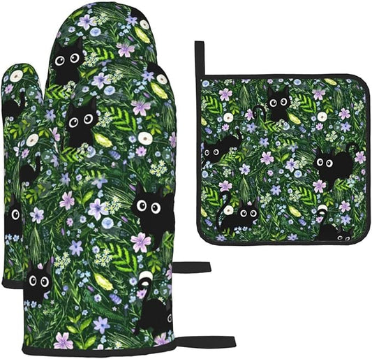Spring Funny Black Cat Hot Pads and Oven Mitts Heat Resistant,Green Oven Gloves Pot Holders Set for Cooking Baking Grilling BBQ,Cute Cat Lover & Baking Gifts for Women