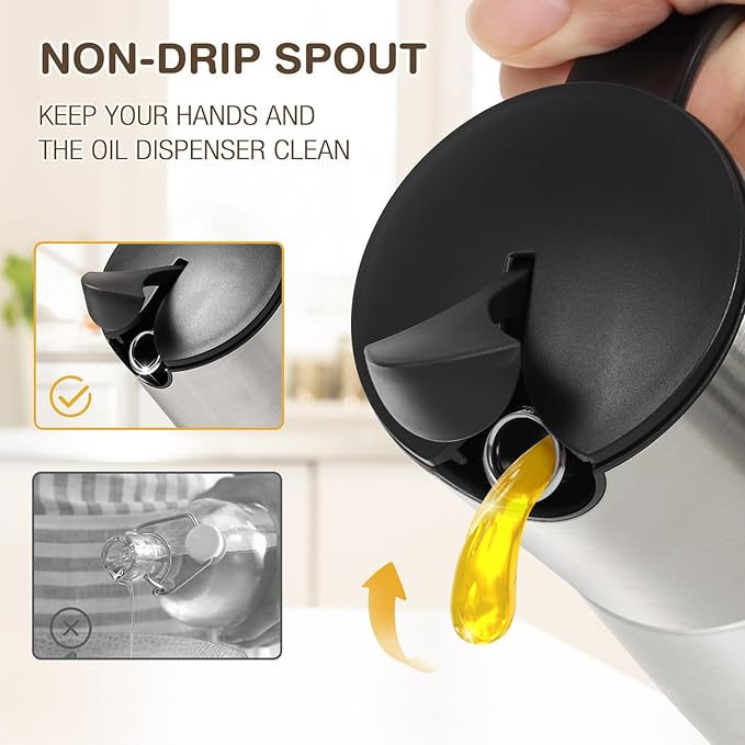 Vucchini Oil Dispenser Bottle Stainless Steel-Auto Flip Kitchen Oil and Vinegar Dispenser Set With Automatic Cap and Stopper - 12.8 oz Non-drip Spout Cruet Bottle - Image 2