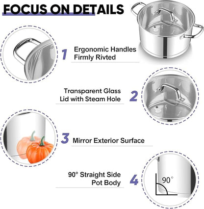 TeamFar 6QT Stainless Steel Stock Pot, Tri-ply Base Cooking Pasta Sauce Soup Pot with Glass Lid for Induction/Gas/Ceramic Stoves, Transparent Cover & Double Handles, Heavy Duty & Dishwasher Safe - Image 3