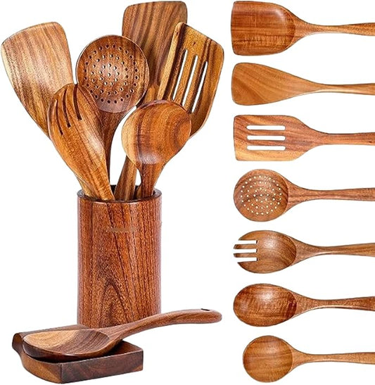 Wooden Kitchen Utensil Set, 9-Piece Cooking Tools with Holder and Spoon Rest, Wooden Spoons for Cooking