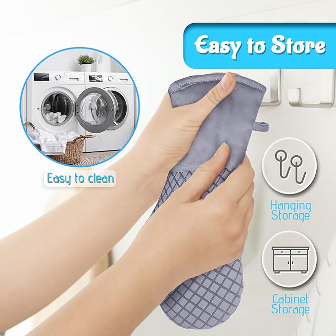 4 Pcs Oven Mitts and Pot Holders,High Heat Resistant 500 Degree Glove with Silicone Non-Slip Surface,Extra Thicken Long Kitchen Cotton Oven Glove for Baking,Cooking,Grilling(Light Gray) - Image 5