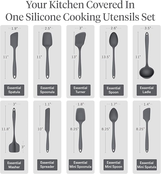 GIR: Get It Right 10-Piece Silicone Essentials Kitchen utensils set - Ladle, Spatula, Flip, Spoon & Spoonula - Non toxic cooking utensils for Nonstick Cookware, Cooking and Baking - Charcoal - Image 3