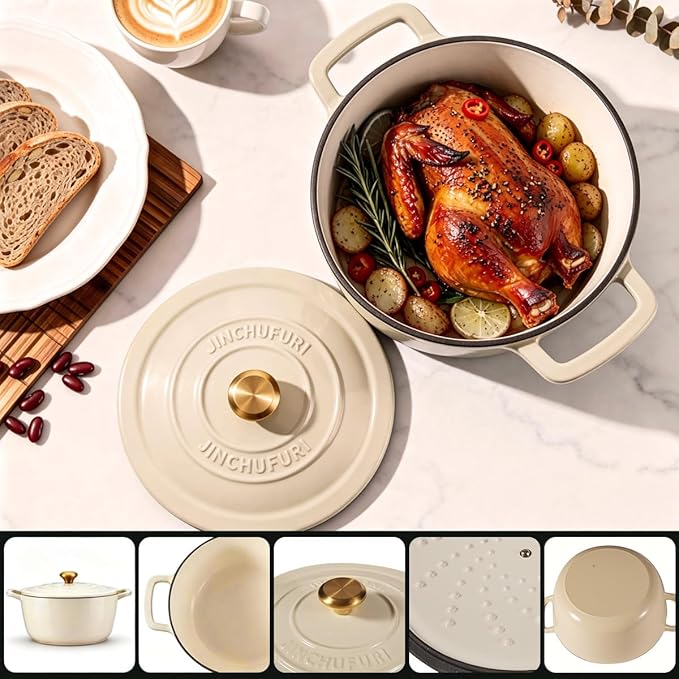 Enameled Cast Iron Dutch Oven - JINCHUFURI 5 Quart Cast Iron Dutch Oven Enameled Oven with Lid for Sourdough Bread Baking, Pre-Seasoned Pot Oven Safe - Image 2
