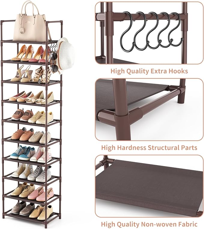 LANTEFUL 10 Tiers Tall Shoe Rack 20-25 Pairs Boots Organizer Storage Sturdy Narrow Shoe Shelf for Entryway, Closets with Hooks, Brown - Image 4