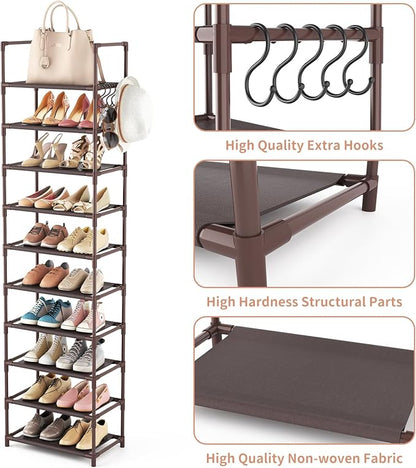 LANTEFUL 10 Tiers Tall Shoe Rack 20-25 Pairs Boots Organizer Storage Sturdy Narrow Shoe Shelf for Entryway, Closets with Hooks, Brown - Image 4