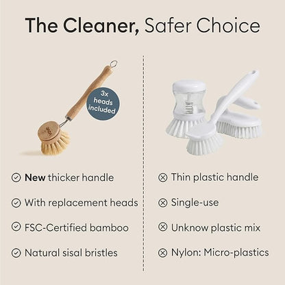 Vove Bamboo Dish Brush, FSC-Certified - Includes 3 Replacement Heads - Natural Fiber Bristles - Non-Toxic, Plastic-Free - Scrub Brush for Pots, Pans & Dishes - Image 5