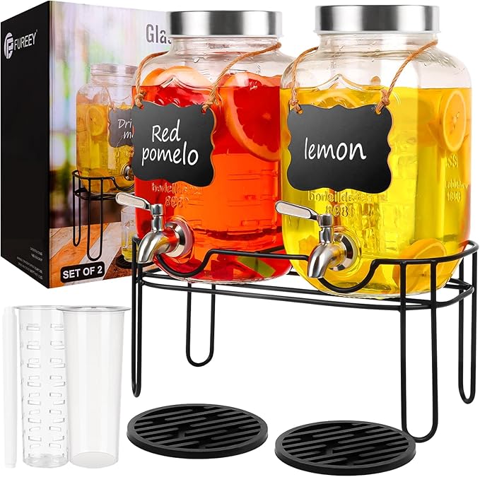 Drink Dispenser,2PACK Glass Drink Dispensers for Parties,1 Gallon Beverage Dispenser with Stand, Stainless Steel Spigot Leak proof,Come with Ice Cylinder,Fruit Tube and 2 Rubber Mats by FUREEY