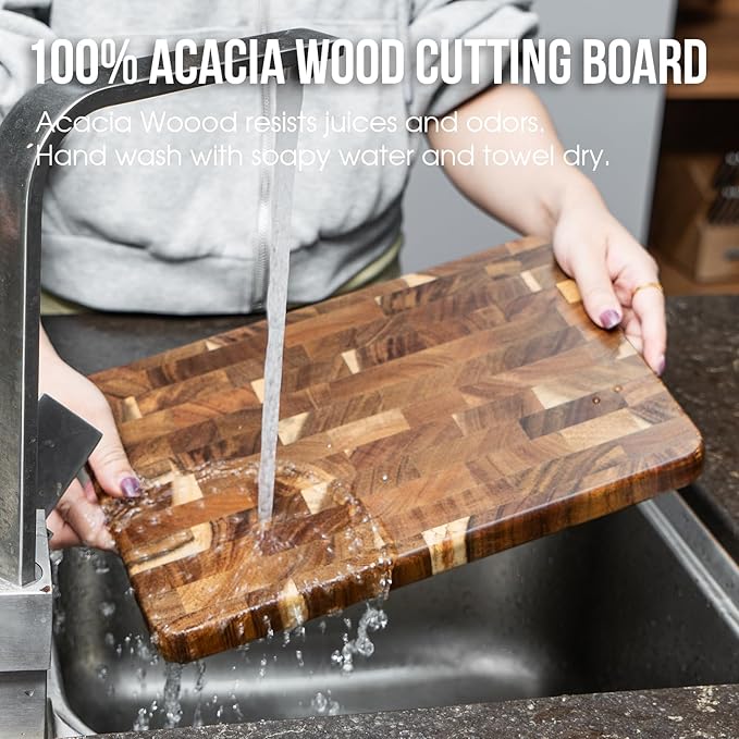 James.F End Grain Cutting Boards, Wooden Cutting Board for Kitchen with Side Handles, Acacia Wood Butcher Block Chopping Board for Meat Bread (13"x9"x1")