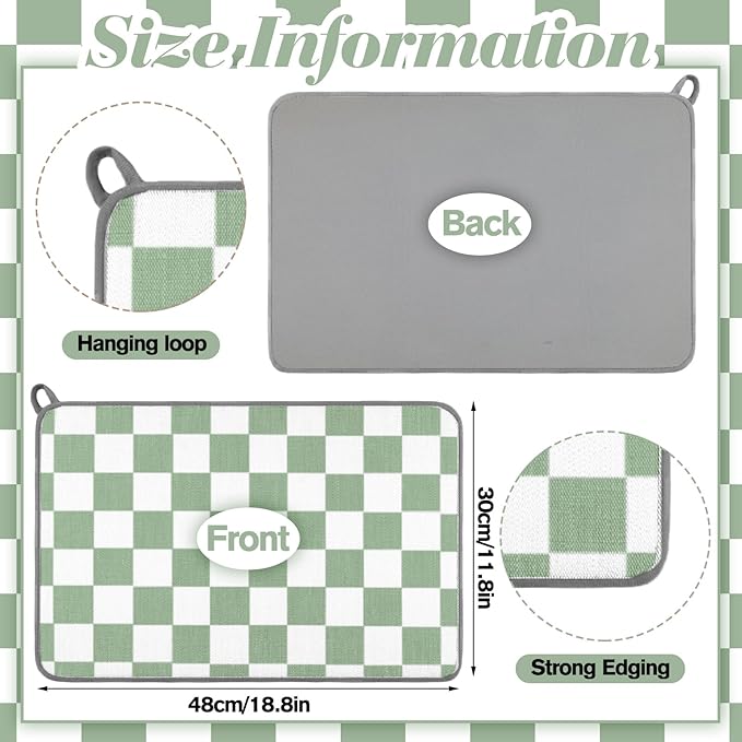 Zonon Green Checkered Dish Drying Mat for Kitchen Counter 16" x 24" Microfiber Absorbent Dish Drainer Rack Pads Fast Dry Mat Vintage Kitchen Decorations - Image 5