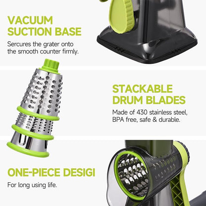 Rotary Cheese Grater with Handle Kitchen Shredder Slicer Grater Slicer Ice Shaver Cheese Vegetable Nuts Potato Zucchini Chocolate 3 Interchangeable Blades (Green TSP) - Image 6
