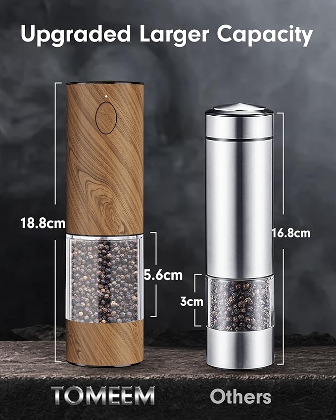 TOMEEM Upgraded Larger Capacity Electric Salt and Pepper Grinder Set Rechargeable with LED lights, Stainless Steel Automatic Pepper and Salt Grinder Refillable with 5 Adjustable Coarseness Wood Grain - Image 6