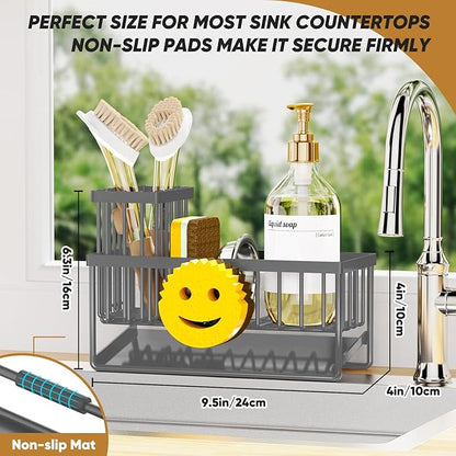 Sponge Holder for Kitchen Sink,Smiley Face Sink Caddy with Removable Brush Holder,Self-Draining Sponge Caddy for Soap,Dish Brush,Scrubber,Kitchen Essentials and Gadgets-Charcoal Gray - Image 2