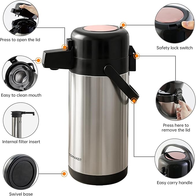 TOMAKEIT Airpot Coffee Dispenser with Pump,102 OZ/ 3L Large Coffee Dispenser with Tea Filter for Party Hot Drinks Water Tea Chocolate Hot/Cold Water, Insulated Stainless Steel Thermal Carafes - Image 4