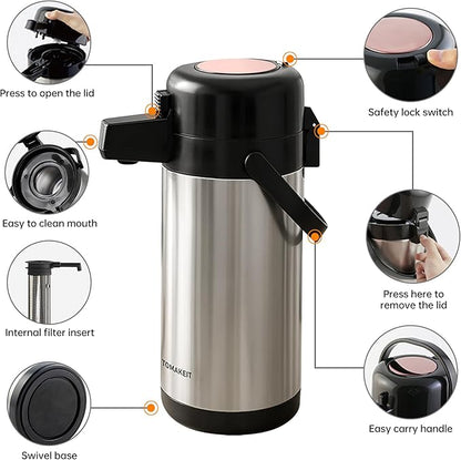 TOMAKEIT Airpot Coffee Dispenser with Pump,102 OZ/ 3L Large Coffee Dispenser with Tea Filter for Party Hot Drinks Water Tea Chocolate Hot/Cold Water, Insulated Stainless Steel Thermal Carafes - Image 4