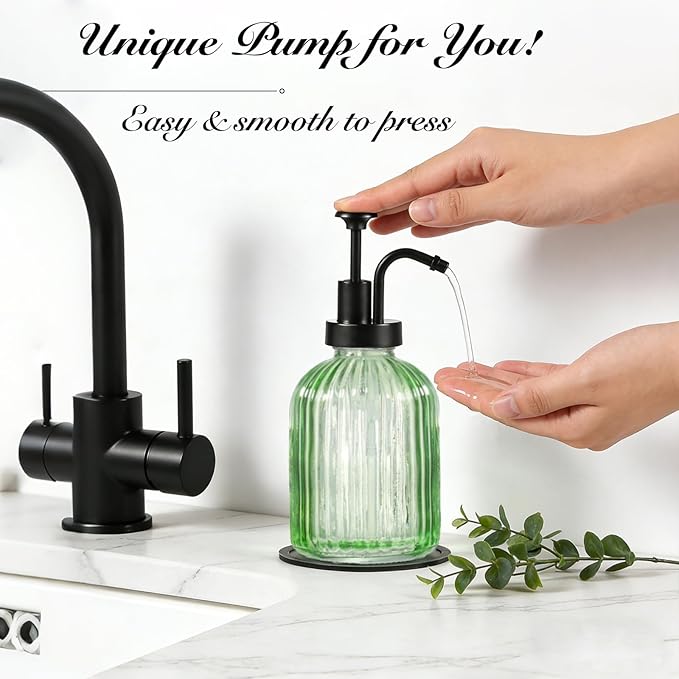 SheeChung Green Glass Soap Dispenser, 12 Oz Liquid Hand Soap Dispenser with Pump, Refillable Lotion Dish Soap Dispenser for Kitchen, Stripes Shampoo Bottle, Bathroom Countertop (Black Pump, 1 Pack)