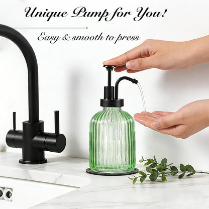 SheeChung Green Glass Soap Dispenser, 12 Oz Liquid Hand Soap Dispenser with Pump, Refillable Lotion Dish Soap Dispenser for Kitchen, Stripes Shampoo Bottle, Bathroom Countertop (Black Pump, 1 Pack)