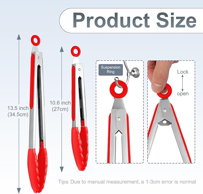 Premium Stainless Steel Heat Resistant Kitchen Tongs for cooking,set of 9" and 12" (Red),Non Scratch Silicone cooking Tong Tip for Cooking Pans,Strong Grip BBQ tongs for Grabbing Hot Food - Image 2