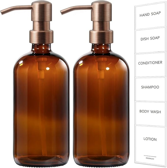 GMISUN Amber Glass Soap Dispenser, 2 Pack Bathroom Hand Soap Dispensers with Rose Gold Pump, 17 Fl Oz Kitchen Hand and Dish Soap Dispenser Set, Modern Vintage Liquid Brown Soap Dispensers Bottle by GMISUN