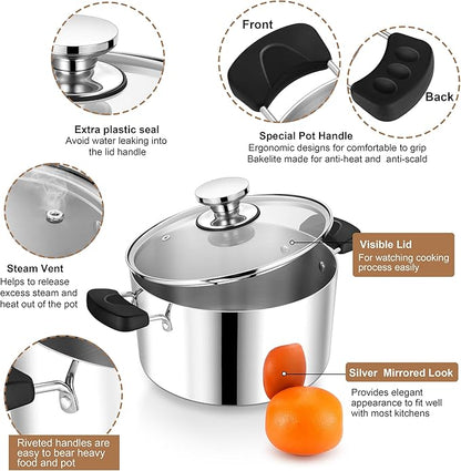 8 Quart 3-Ply Cooking Stock Pot with Lid, P&P CHEF Stainless Steel Large Pot for Pasta Soup, Work on Multi Stove, Heavy Duty & Dishwasher Safe, Dual Heat-resistant Handles & Transparent Glass Lid - Image 3