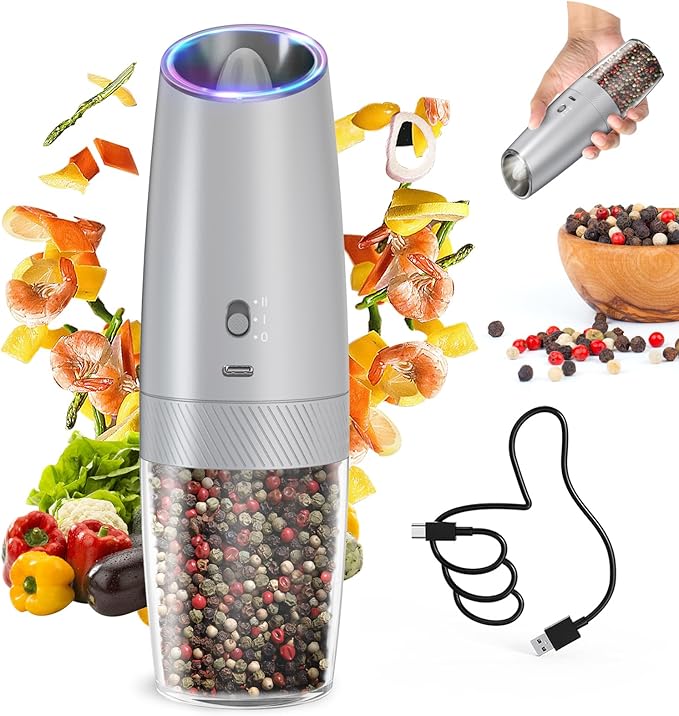 CIRCLE JOY 2-Speed Gravity Electric Pepper Grinder, Rechargeable Salt Grinder Pepper Mills, Adjustable Coarseness, White LED Light, 135ML Large Capacity, Silver by CIRCLEJOY