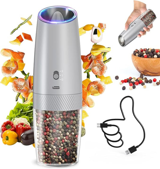 CIRCLE JOY 2-Speed Gravity Electric Pepper Grinder, Rechargeable Salt Grinder Pepper Mills, Adjustable Coarseness, White LED Light, 135ML Large Capacity, Silver by CIRCLEJOY