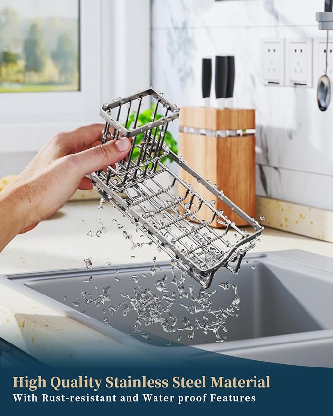 Consumest Sponge Holder for Kitchen Sink, Sink Caddy Organizer with Removable Drip Tray, Countertop Dish Soap Holder and Brush Holder, 304 Stainless Steel - Sand Nickel - Image 5