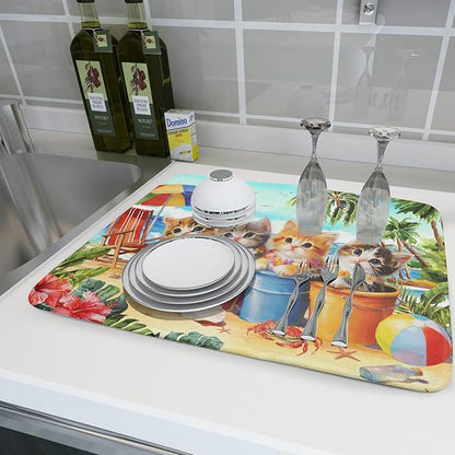 Lovely Cat Dish Drying Mat for Kitchen Counter Holiday Beach Absorbent Coffee Bar Mat 18 X 24 In - Image 6