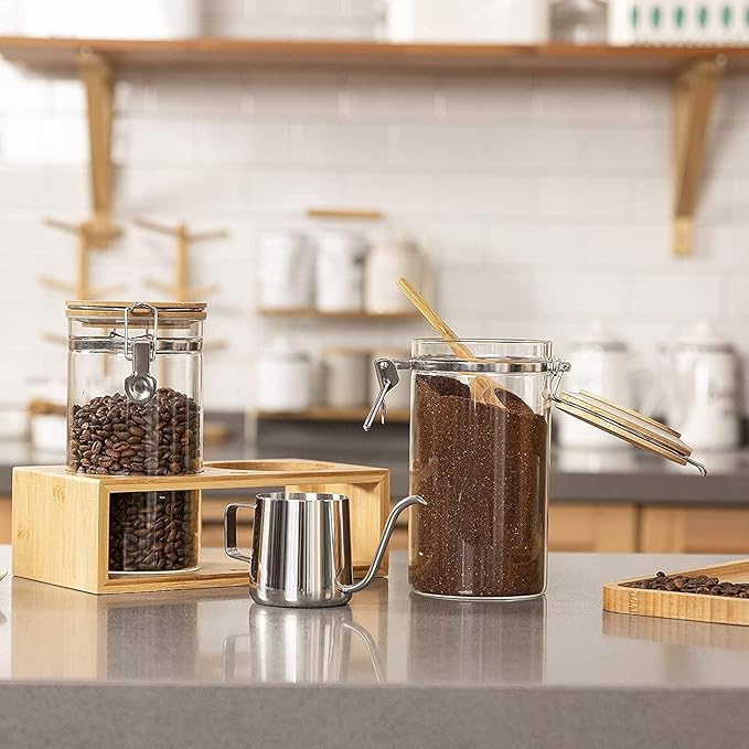 Yangbaga Ground Coffee Storage Container with Shelf, 2×45OZ Glass Coffee and Sugar Container Set, Coffee Canisters with Airtight Lids and Scoop, Food Storage Jars for Kitchen,Nuts,Tea,Sugar - Image 9
