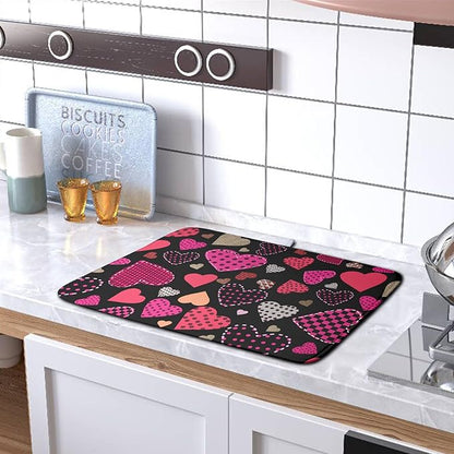Valentine's Day Kitchen Drying Mats for Dishes 16x18 Inch Love Heart Dish Drying Mat Black Pink Polka Dots Dish Drainer Mat Super Absorbent Dish Rack Pad for Coffee Bar Sinks - Image 5