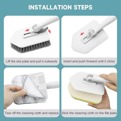 nacena Shower Scrubber with Long Handle, 4 in 1 Tile Tub Scrubber Brush with 3 Detachable Cleaning Heads and V-Shaped Grout Brush Shower Cleaner Brush for Bathroom Kitchen Toilet Tub Sink, Grey White