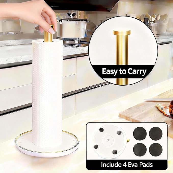 Paper Towel Holder Countertop,Kitchen Paper Towels Holder with Weighted Ceramic Base, Golden Paper Towel Holders for Standard and Large Size Rolls - Image 5