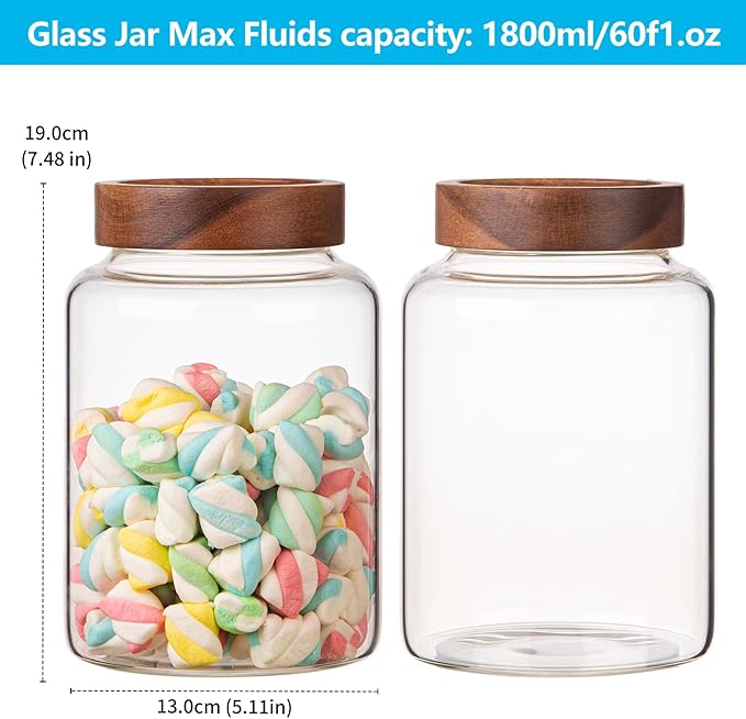 2 PCS Large Glass Jars with Wooden Airtight Lid 60 oz /1800ml,Clear Ground Coffee Bean Storage Canister with Screw Lid Glass Food Contianer for Pantry Sugar Tea Spice Cookies Salts (1800ml/60oz-2PACK) - Image 2