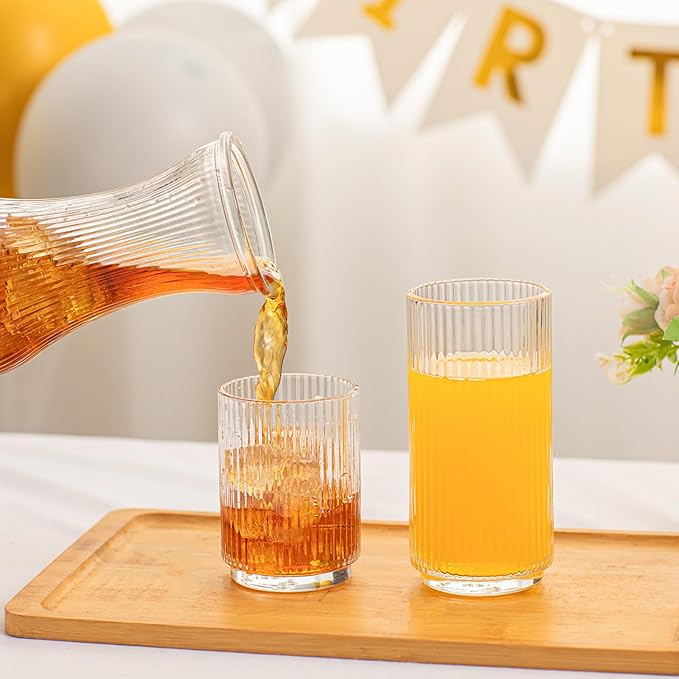 INSETLAN 1 Liter Ribbed Glass Carafe with Lid, Set of 2- Juice Carafe for Mimosa Bar, Brunch,Parties, Beverage Serveware, Cold Brew Coffee, Milk, Iced Tea, Lemonade -Includes 2 Wooden Chalkboard Label