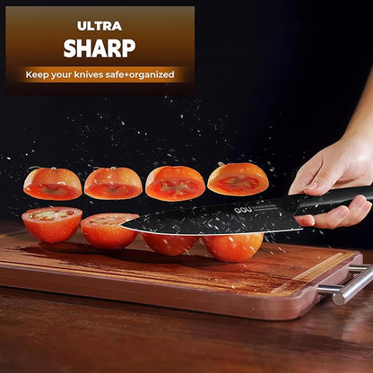 OOU Kitchen Knife Block Set - 15 Pieces High Carbon Stainless Steel Knife Block Set with Built-in Sharpening Blocks, Black