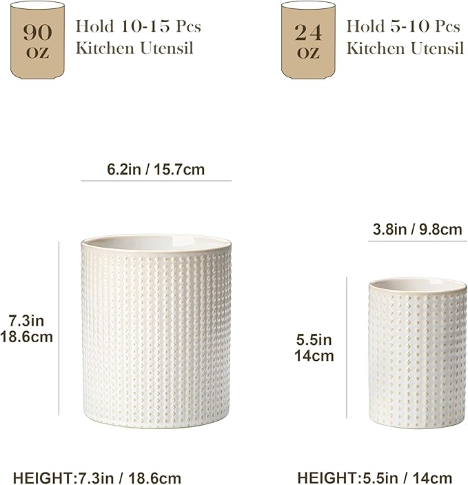 MALACASA LYDIA Ceramic Utensil Holders, 7.3"+5.5" Kitchen Utensil Crock Set for Countertop, Large & Small Utensil Organizers for Cooking Tools, Rhombus Pattern - Image 2