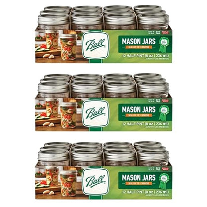 Ball Regular Mouth Glass Mason Jars with Lids and Bands, Used for Canning (Half Pint, 8 Ounce (Pack of 36)) by BallJar
